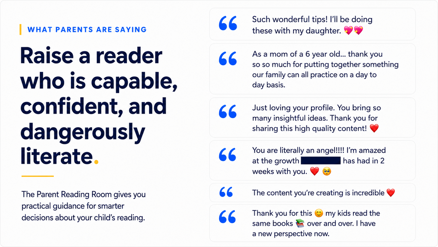 Six parent comments thanking Dr. Jenn for practical literacy guidance and new perspectives